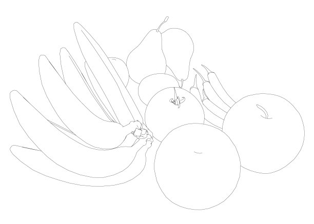 水果轮廓:香蕉、苹果、梨、辣椒、番茄，在白色的背景上用黑线隔开。矢量插图。图片下载