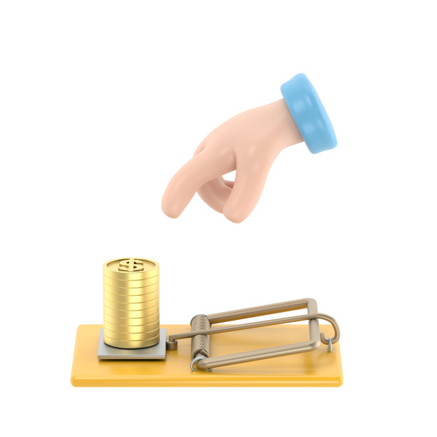 卡通手势图标模型。商人的手试图从捕鼠器中捡钱，白色背景3D渲染。图片下载