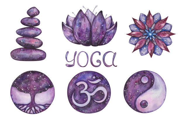 水彩插图集。用紫色手绘瑜伽符号。咒语，生命之树，阴阳。平衡堆叠石头，曼陀罗，莲花。神圣的迹象。孤立的剪贴画图片下载
