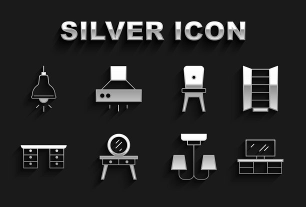 集梳妆台，衣柜，电视架，吊灯，办公桌，椅子，挂灯和厨房抽风机图标。向量图片下载