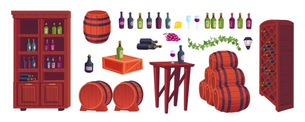 卡通酒窖。酒庄地下室的室内元素，木架满架香槟酒瓶，酒桶藤酒精饮料木桶为农场葡萄园房间矢量插图图片下载