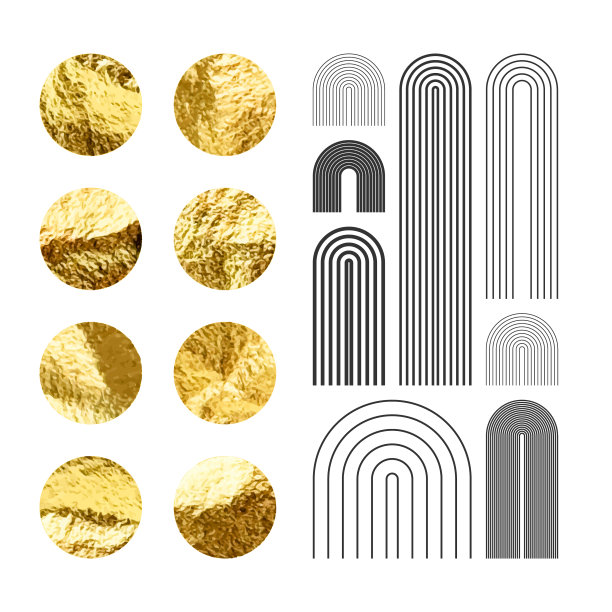 中世纪的拱门元素，现代的几何形状。金箔，闪亮的手工圈。金灿灿的纹理、花纹。当代设计，极简主义艺术。手绘线条。矢量图图片下载