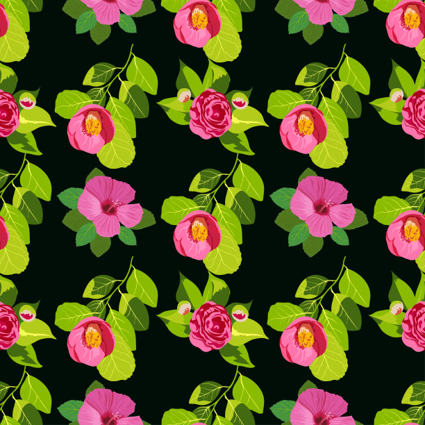 山茶和芙蓉。无缝花卉图案与明亮的大花在黑暗的背景图片下载