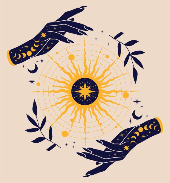 神奇的海报与女人的手，星星和太阳，波西米亚插画。图片下载