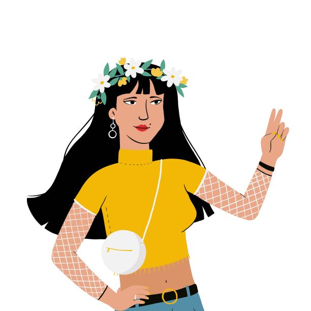 可爱的年轻女子用花圈画画，穿着时髦的衣服图片下载