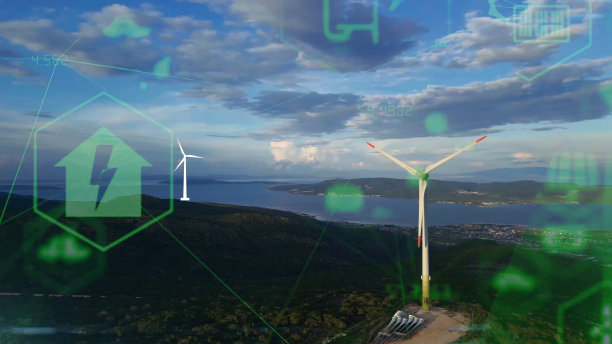 替代能源。风力农场。水平轴风力涡轮机发电的鸟瞰图风能。清洁可再生能源技术。风力发电厂。动画可视化概念。图片下载