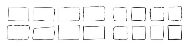 正方形，矩形，垃圾矢量设置在素描风格。黑色框架轮廓在手绘风格图片下载
