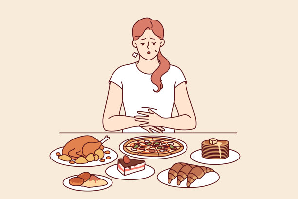 在餐桌上吃快餐的女性的暴饮暴食问题，需要均衡的饮食图片下载