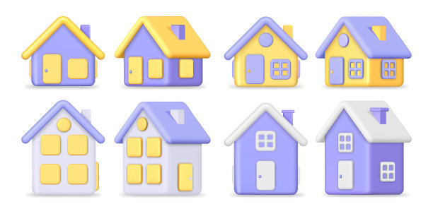 有屋顶和烟囱、墙壁和入口、窗户和立面的建筑。矢量隔离3d家庭图标。住房或酒店，房地产购买或抵押的概念。极简主义建筑按钮图片下载