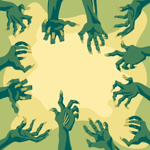 万圣节背景，僵尸的手攻击你。手围绕并攻击你在一个文本框架形式的浅色背景。为亡灵节派对打印横幅，传单图片下载