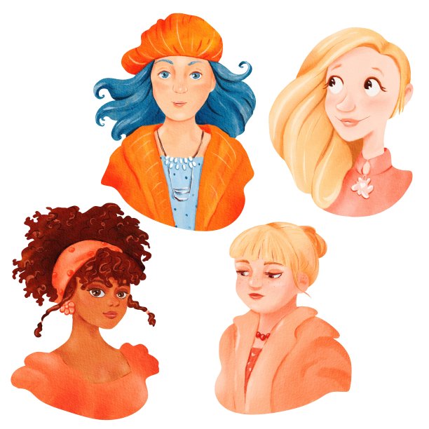 水彩卡通集与妇女肖像。图片下载