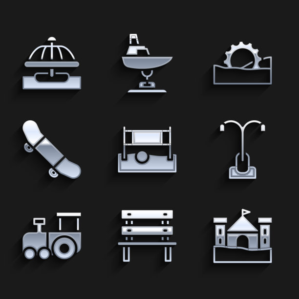 集排球网与球，板凳，沙堡，路灯，玩具火车，滑板技巧，摩天轮和景点旋转木马图标。向量图片下载