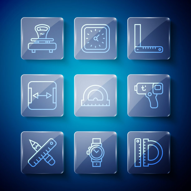 设置线交叉尺子和铅笔，腕表，量角器，角，面积测量，尺度和数字温度计图标。向量图片下载