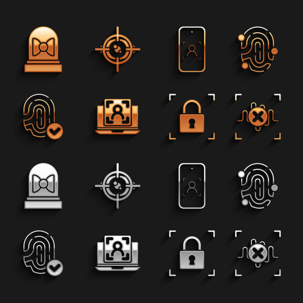 设置笔记本电脑与面部识别，指纹，拒绝声音，锁定，移动和，运动传感器和眼睛扫描图标。向量图片下载