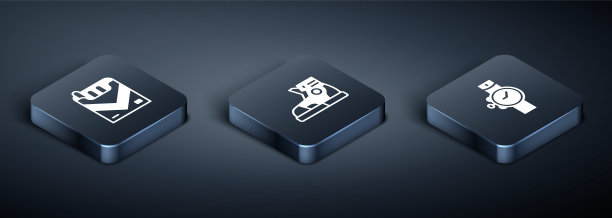 集等距香烟包装盒，手表和运动鞋的图标。向量图片下载