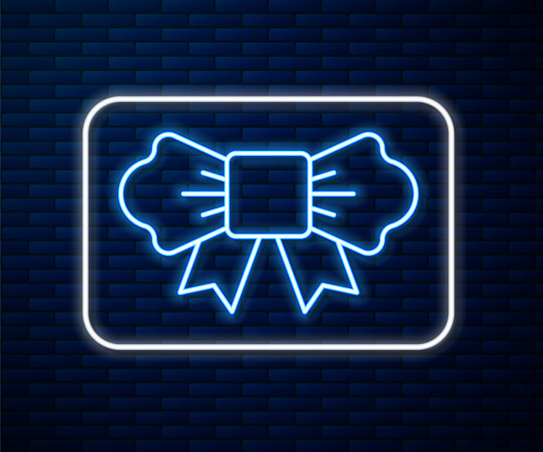 发光的霓虹灯线领结图标孤立的砖墙背景。向量图片下载