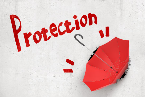 3d效果图，标题为“保护”的混凝土墙和红色的开伞撞在墙上，在墙上打了一个洞。图片下载