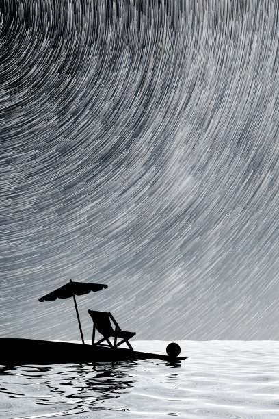 夏日夜晚沙滩椅、雨伞和水面倒影的剪影。夜晚的热带海滩，背景是星空。3d插图，渲染。有文字空间的垂直海报。图片下载