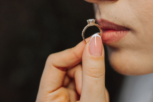 新娘用手指将金戒指贴近嘴唇(特写)。新娘的早晨。结婚的那一天。黑白照片图片下载