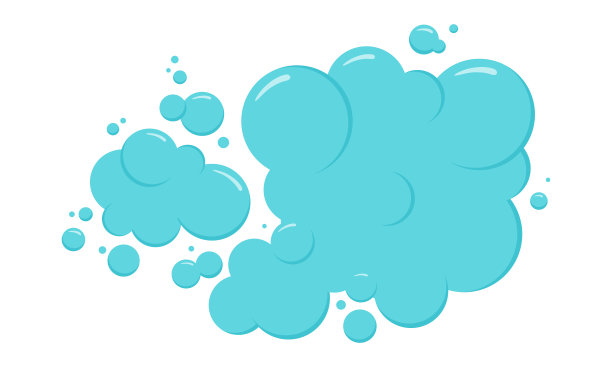 卡通泡沫，蓝色滴和云，肥皂泡图标，水球，沐浴洗发水泡沫。洗，洗衣，在水下清洁。苏打，碳酸有趣的矢量插图图片下载