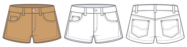 短裤技术时尚插画。短裤时尚平面技术图纸模板，前后视图，白色，驼色，女，男，男女通用的CAD模型集。图片下载