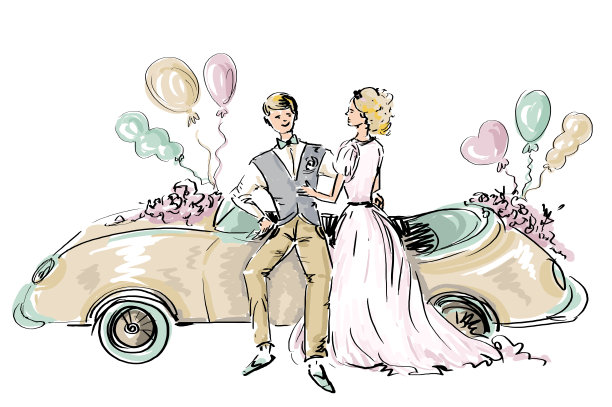 新娘和新郎穿着结婚礼服。热气球配婚车，手绘草图。图片下载
