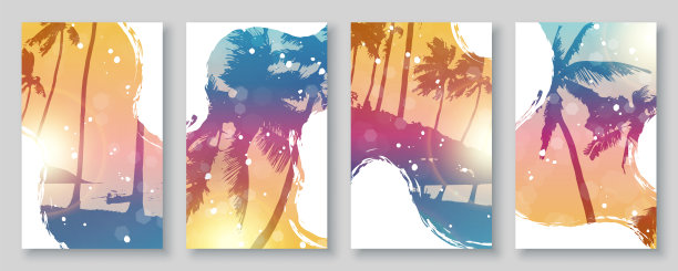 夏日日出海滩背景设置与棕榈树和笔触布局。矢量插图。图片下载