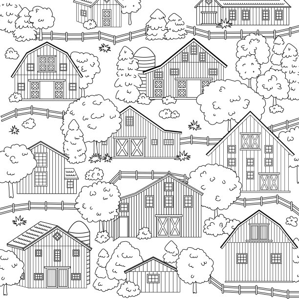 在农村有一大片黑白红色的木谷仓。景观场景与房屋，树木和围栏在白色背景为着色书。矢量横幅，传单，布局图片下载