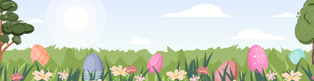 水平复活节狩猎模板上的蓝天背景。贺卡，横幅，海报，广告模板图片下载