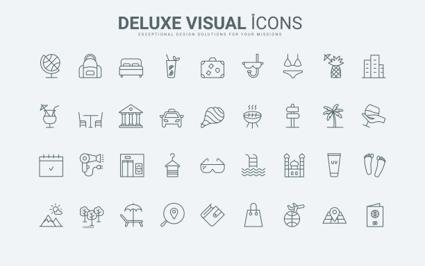 暑假、海边度假、旅游和旅游目的地线图标集图片下载