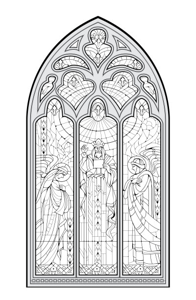 彩色画册的黑白图画。法国教堂的哥特式彩色玻璃窗。西欧的中世纪建筑。教育的页面。儿童涂色页。矢量图像。图片下载