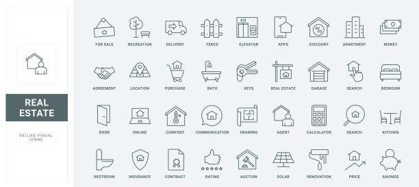 房地产代理，建筑物拍卖购买，租赁和装修线图标集图片下载