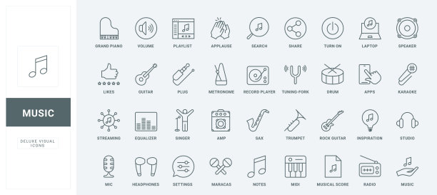 音乐设备播放，收听和录制音频声音，歌曲和电台线图标集图片下载
