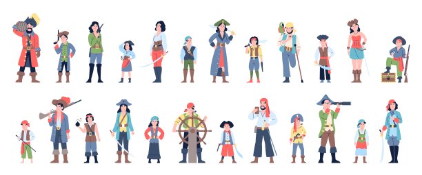 成人和儿童海盗角色。女孩们，男孩们都穿着狂欢节的服装。游乐场里的街头戏剧演员。海上冒险最近的向量集图片下载