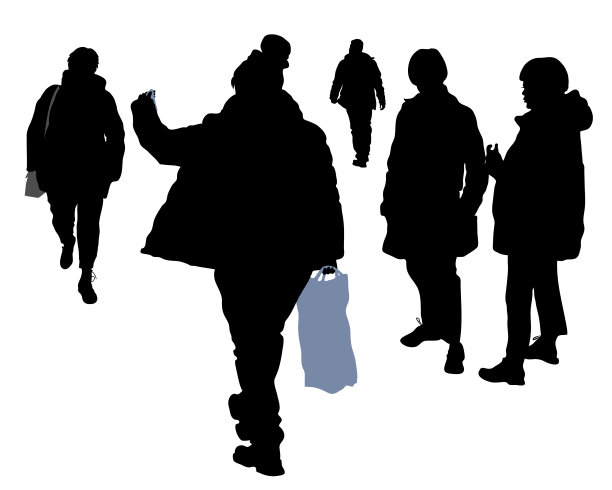 五个不同姿势的人的剪影。四个女人和一个男人走开了。朋友聚会。一个女孩举起手拿着电话。矢量插图在一个白色的背景。图片下载