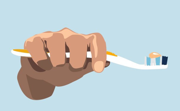 手持牙膏刷在蓝色背景。图片下载