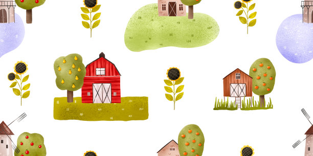 可爱农场的无缝模式。农场的背景，风车在卡通手绘风格。景观插图与果树和鲜花。适用于墙纸，织物，纺织品和包装纸图片下载