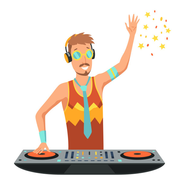 Dj的性格。男性派对音乐家在耳机事件音乐记录控制台矢量人。Dj音乐派对，音乐家在耳机插图图片下载