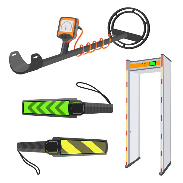 一套卡通风格的现代金属探测器。矢量插图彩色各种金属探测器:拱形，手动，多频隔离在白色背景。图片下载