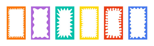 波矩形框架。涂鸦扇贝边缘边缘与波浪图案。平面设计。可爱的弧形框架盒子。几何抽象背景。手绘矢量插图隔离在白色背景图片下载