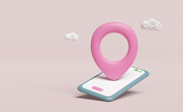 手机，智能手机3d与位置pin, GPS导航图标，云隔离在粉红色的背景。暑期旅游，送货概念，3d渲染插画图片下载