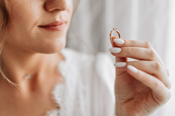 新娘用手指将金戒指贴近嘴唇(特写)。新娘的早晨。结婚的那一天。黑白照片图片下载