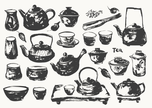 手绘水墨素描的茶壶，茶杯，托盘，勺，叶传统日本sumi-e风格。图片下载