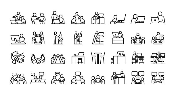 共享线路图标集。商务人士，会议，办公室，团队合作，经理。图片下载