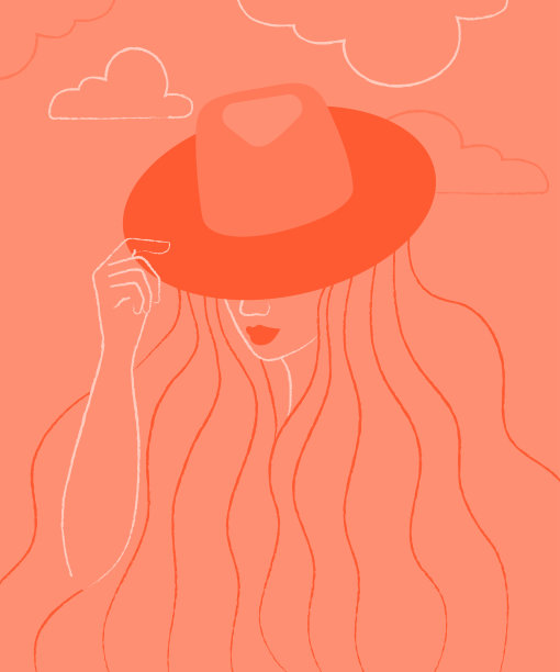 女人拿着帽子遮住脸。极简风格矢量图片下载