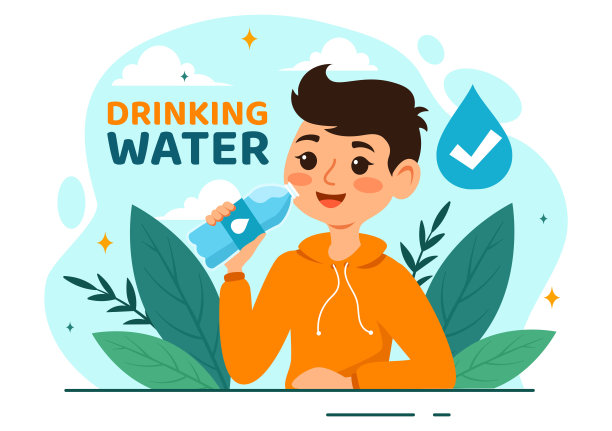 人们饮用水从塑料瓶和玻璃杯与纯干净的新鲜概念在平面儿童卡通矢量插图图片下载