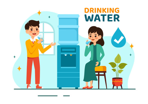 人们饮用水从塑料瓶和玻璃杯与纯干净的新鲜概念在平面儿童卡通矢量插图图片下载