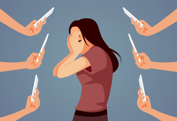 人们指着手机在一个女孩隐藏她的脸矢量插图图片下载