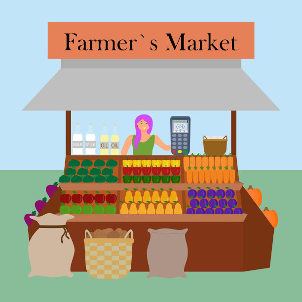 农贸市场和非接触式支付。矢量图像的一个农场摊位与有机产品，一个白人妇女卖家和POS终端支付图片下载