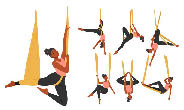 柔弱的女人漂浮在空中瑜伽吊床上，她的身体在流动性中保持平衡。宁静与力量汇聚图片下载